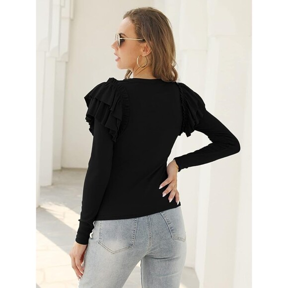 Crewneck Layer Ruffle Shoulder Ribbed Long Sleeve Top Sz XL - Picture 2 of 8